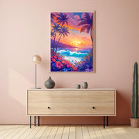 Tropical Sunset Beach Scene Illustrated Poster