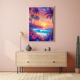 Tropical Sunset Beach Scene Illustrated Poster