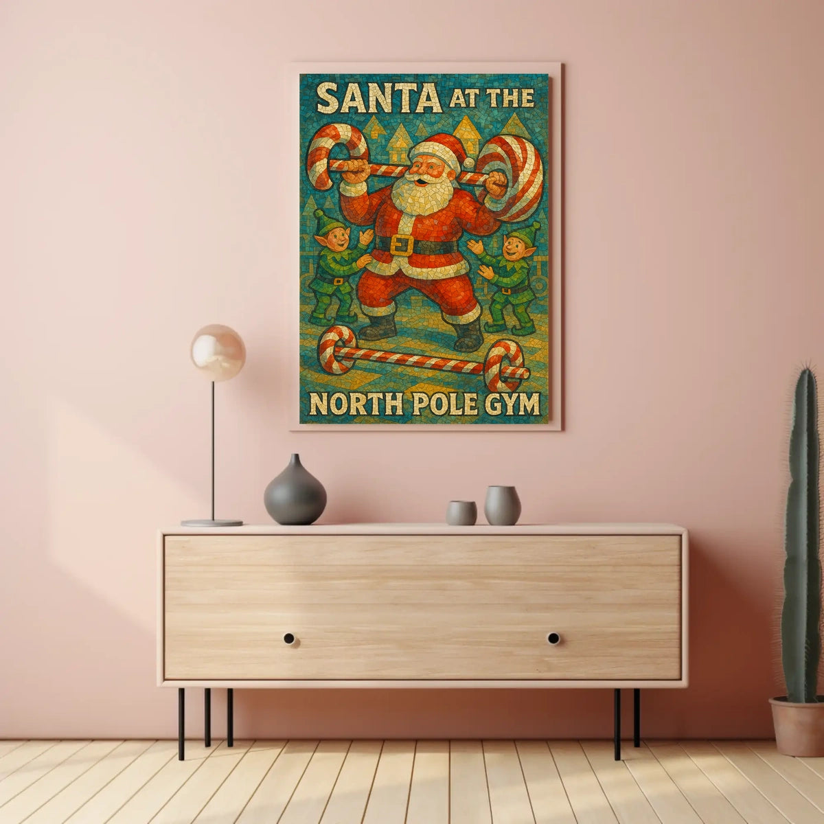 Santa Claus Lifting Candy Cane Barbell Poster