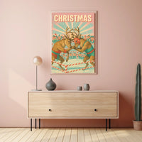 Festive Reindeer Wrestling Poster: Retro Holiday Fun