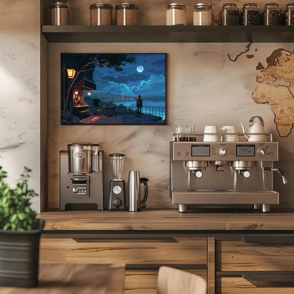 Moonlit Terrace: Pixel Art Nightscape Poster