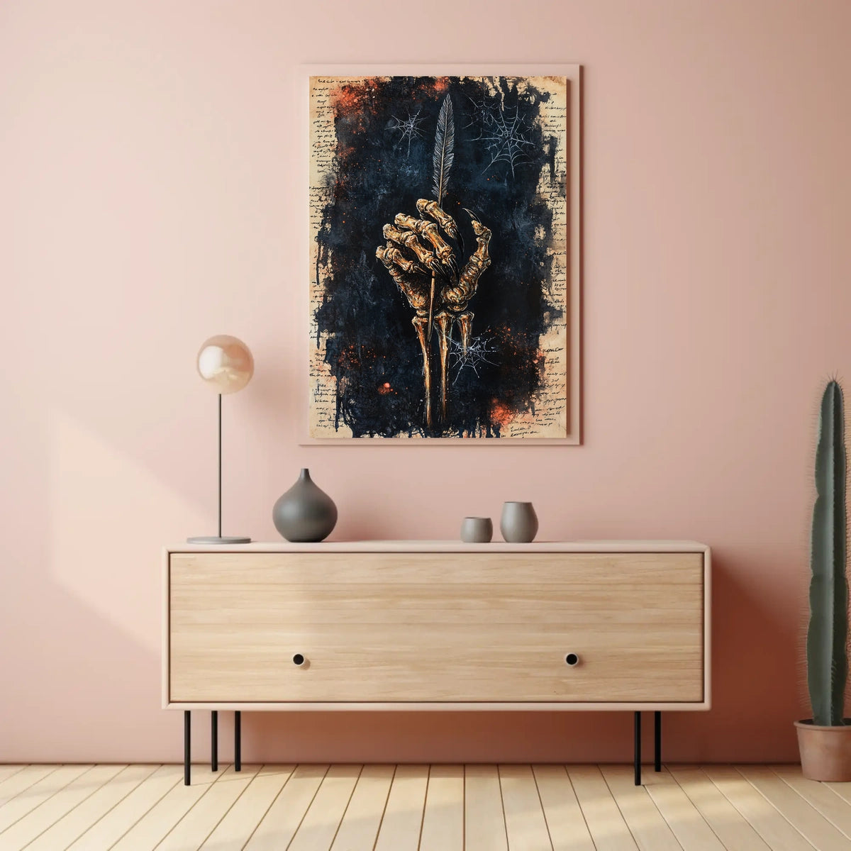Skeletal Hand Quill Dark Theme Artistic Poster