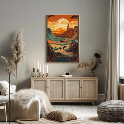 Sunset Over Distant Spires Fantasy Valley Travel Poster