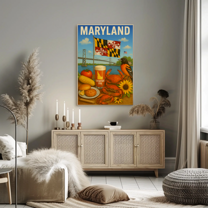 Maryland Crab Bridge Beer Corn Bird Flag Travel Poster