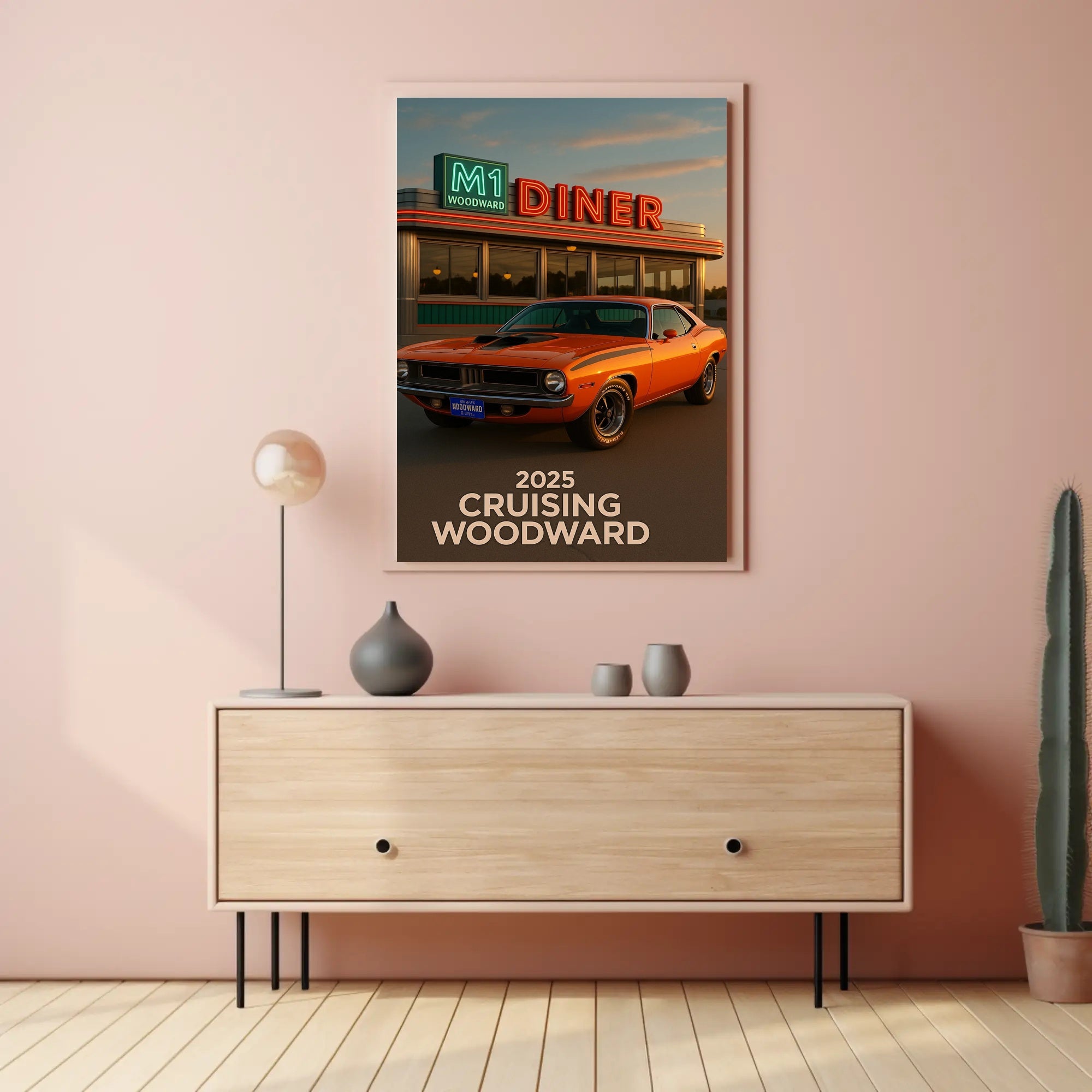 Classic Muscle Car and Diner Scene Retro Travel Poster