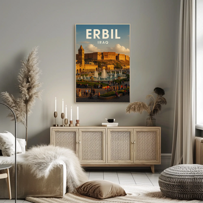 Erbil Iraq Citadel Market Fountains Travel Poster