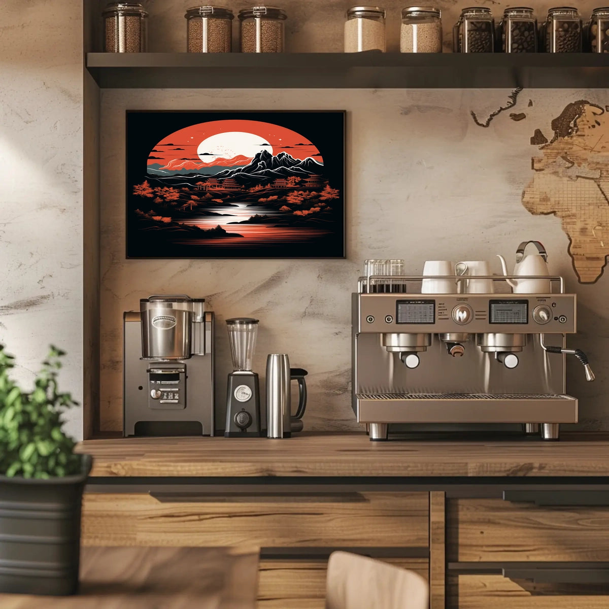 Tranquil Landscape Under A Crimson Moon Poster