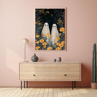Ghostly Figures Surreal Whimsical Flowers Poster