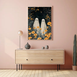 Ghostly Figures Surreal Whimsical Flowers Poster