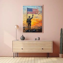 soldier saluting the American flag at sunrise Poster