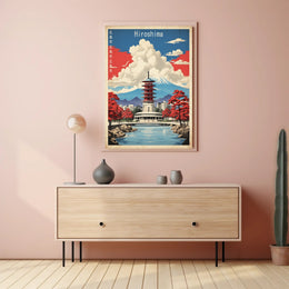 Japanese Pagoda with Red Trees Travel Poster