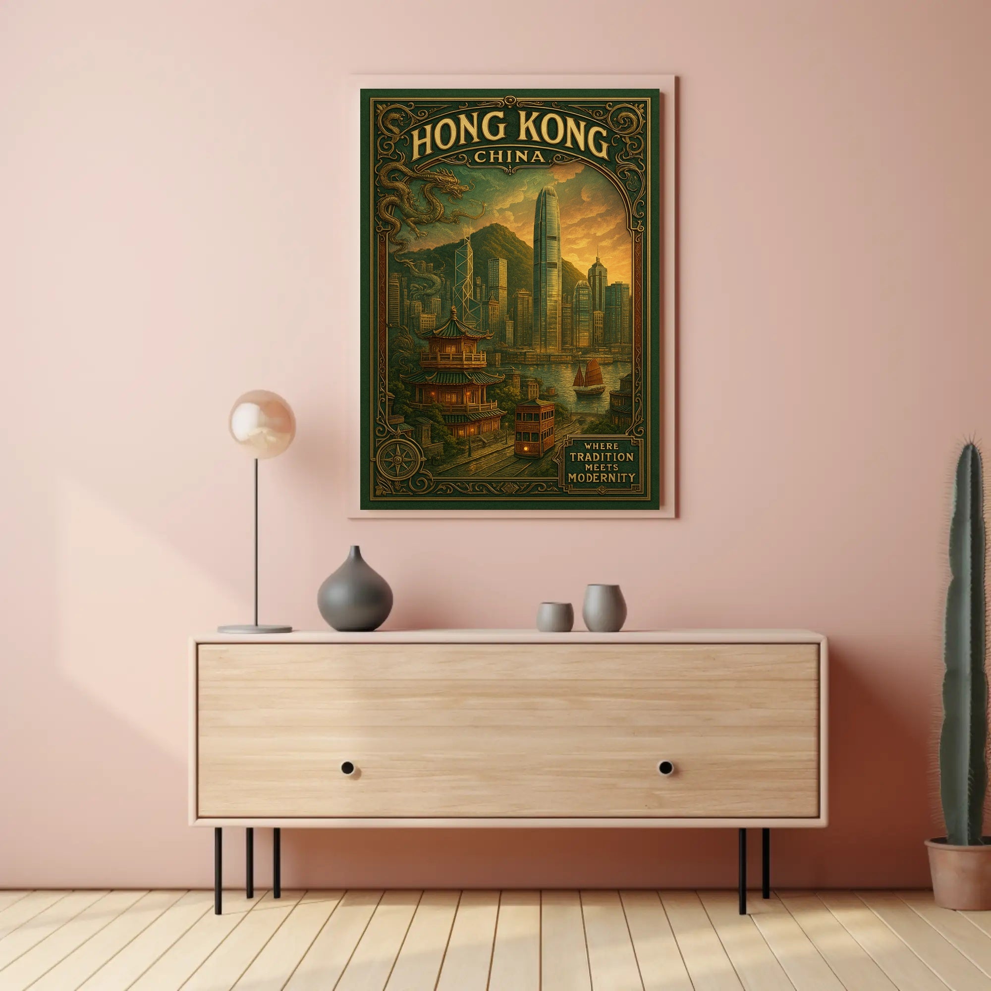 Hong Kong Tradition Meets Modern Cityscape Travel Poster