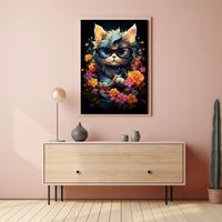 Whimsical Cat Poster: Glasses, Flowers, Books, Fantasy