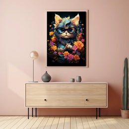 Whimsical Cat Poster: Glasses, Flowers, Books, Fantasy