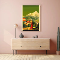 Serene Mountain Village with Traditional Attire Poster