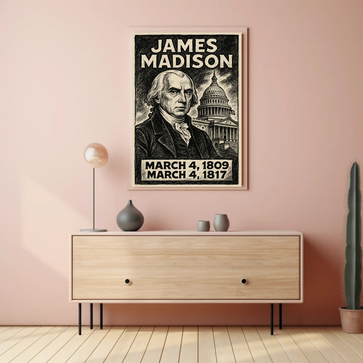 James Madison 4th President of the United States B & W Comic Sketch Poster
