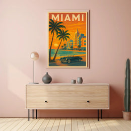 Miami Sunset Convertible - Vintage Travel Poster
