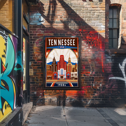 Tennessee USA 1950s Music City Skyline Travel Poster