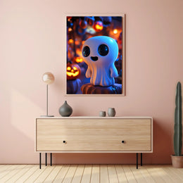 Cute Ghost with Pumpkins: Vibrant Halloween Pop Culture Poster