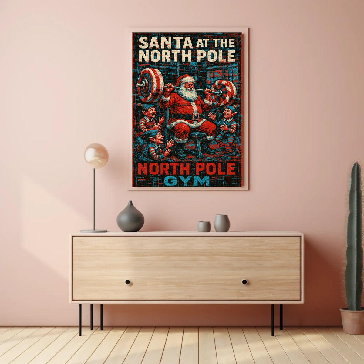 Santa Claus Weightlifting at Retro Gym Pop Culture Poster