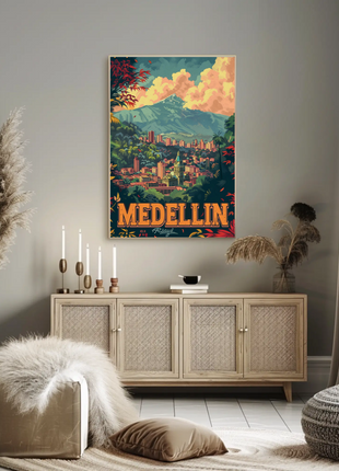 Medellin Colombia Skyline Mountains Sunset Forest View Travel Poster