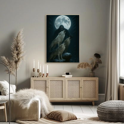 Bigfoot Howling Wolves Moonlit Forest Poster