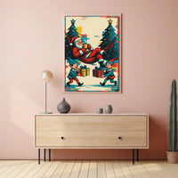 Festive Santa and Elves Vintage Christmas Poster