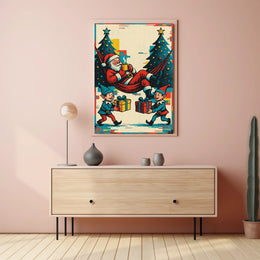 Festive Santa and Elves Vintage Christmas Poster
