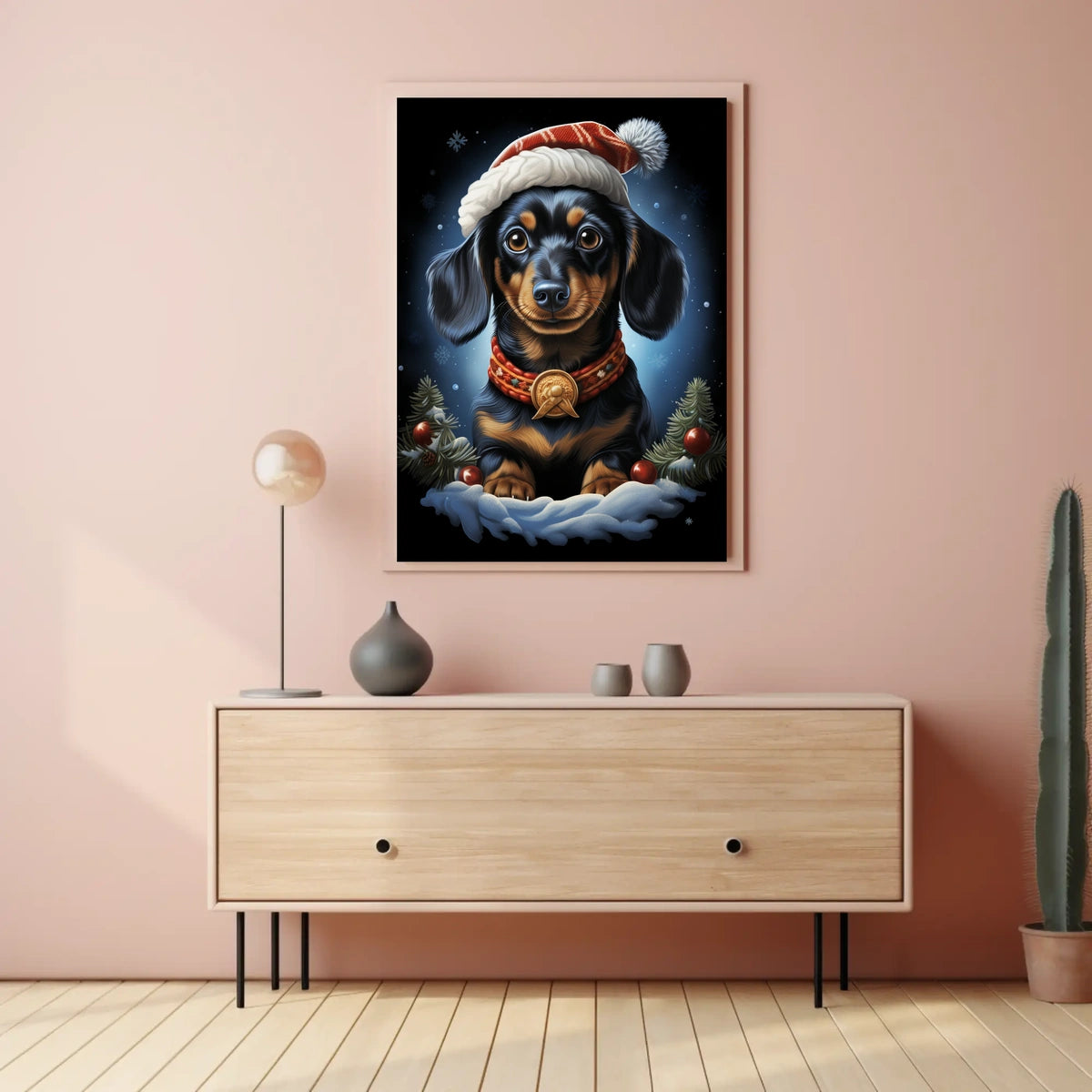 Festive Dachshund Illustration with Santa Hat Dog Breed Poster
