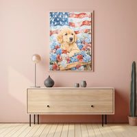 Golden Retriever Puppy In Wagon With American Flags Poster