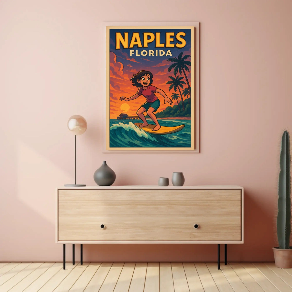 Naples Florida Surfing Poster Wall Art Coastal Decor