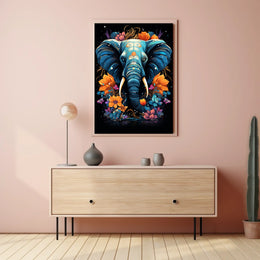 Vibrant Elephant Art Poster with Floral Patterns