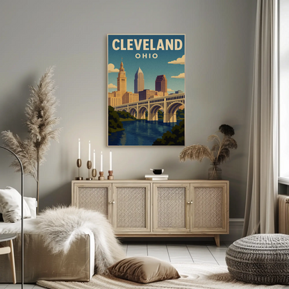 Cleveland Ohio Downtown Skyline Cuyahoga River Travel Poster