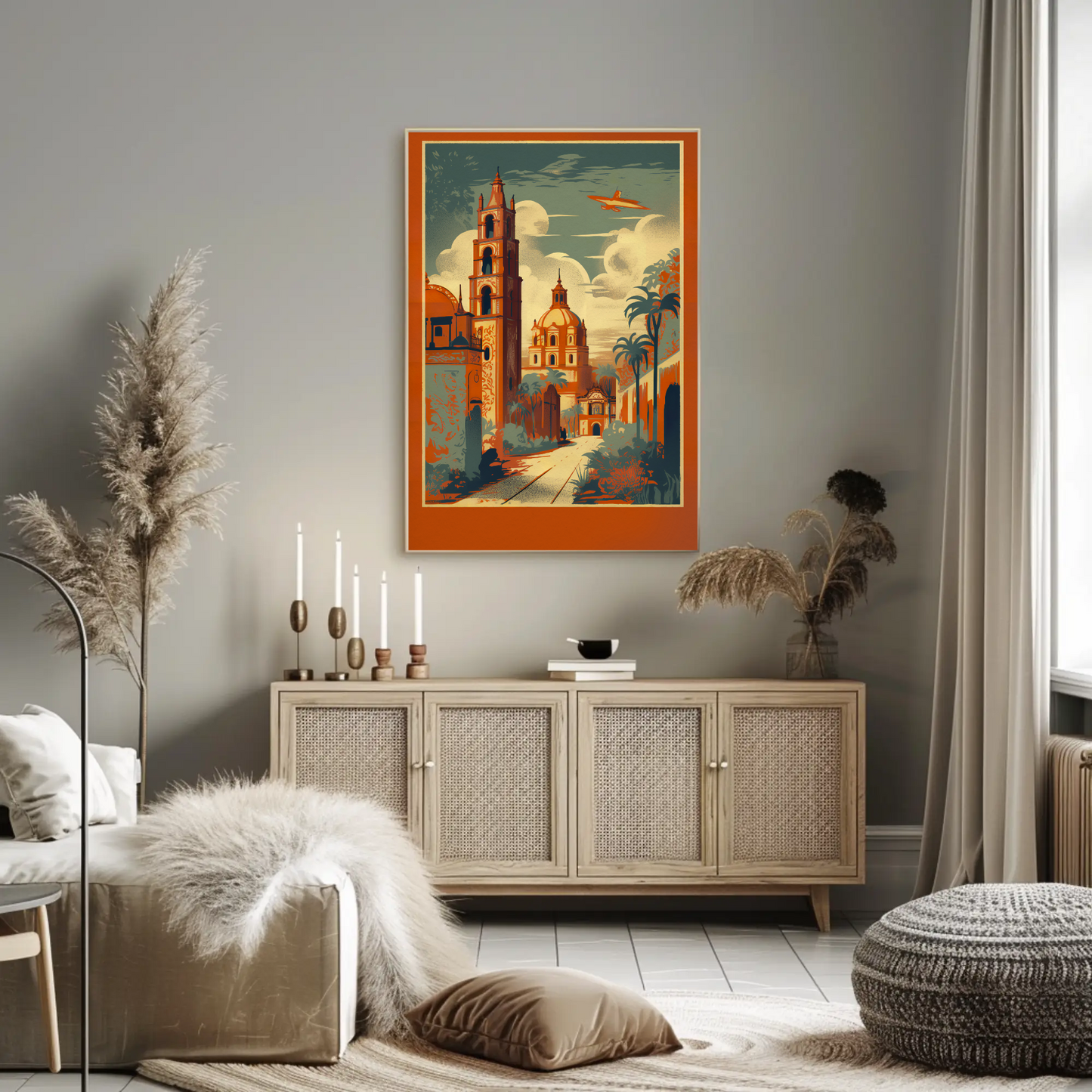 Colonial Cathedral Landmarks Courtyard Palms Plane Travel Poster