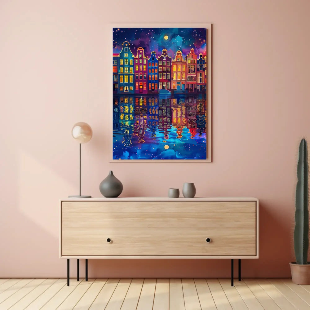 Colorful Dutch Canal Houses Under Starry Night Sky