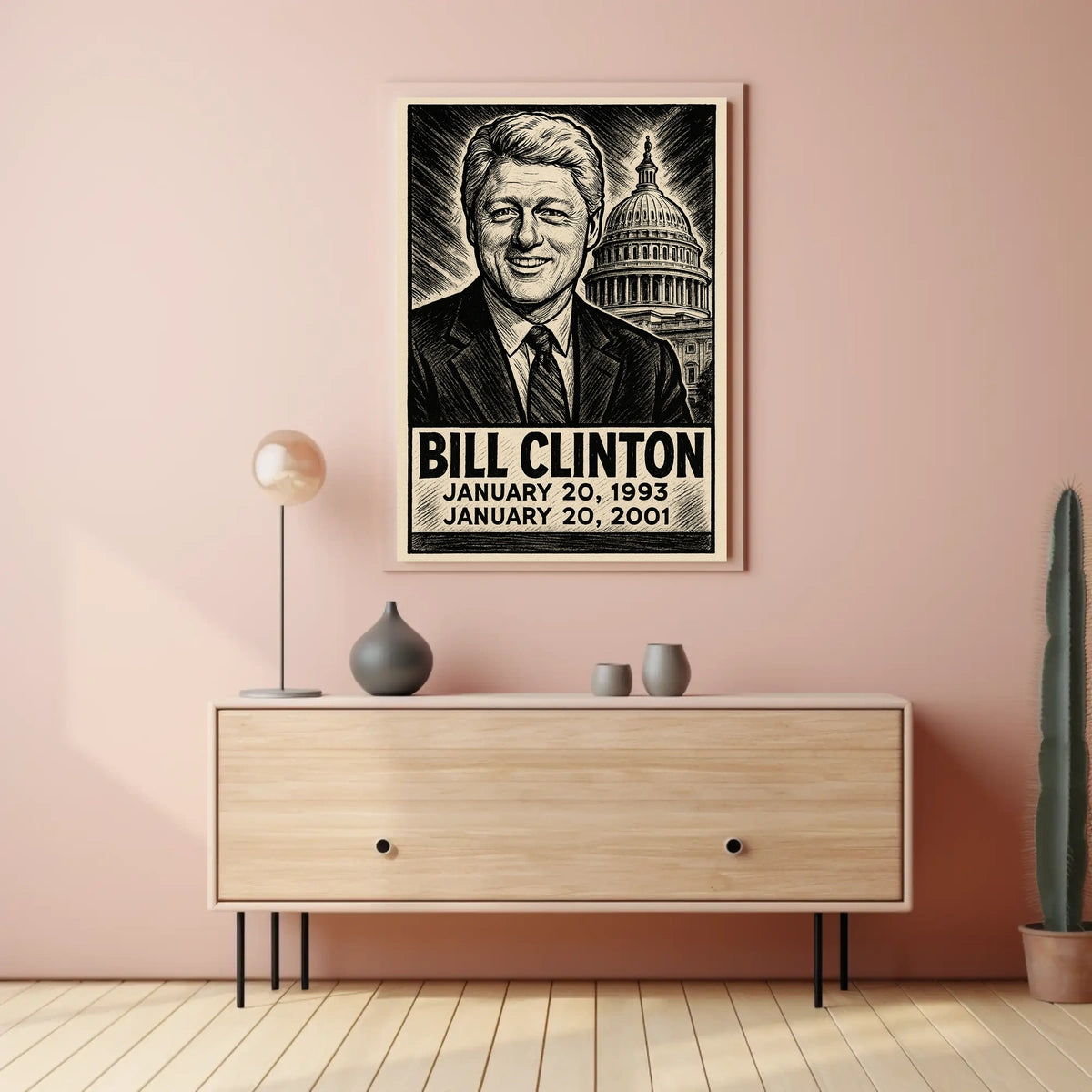 Bill Clinton 42nd President of the United States B & W Comic Sketch Poster
