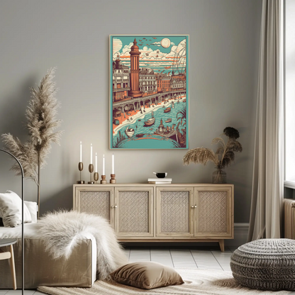Beachfront Promenade Pier Boats Skyline Bathers Travel Poster