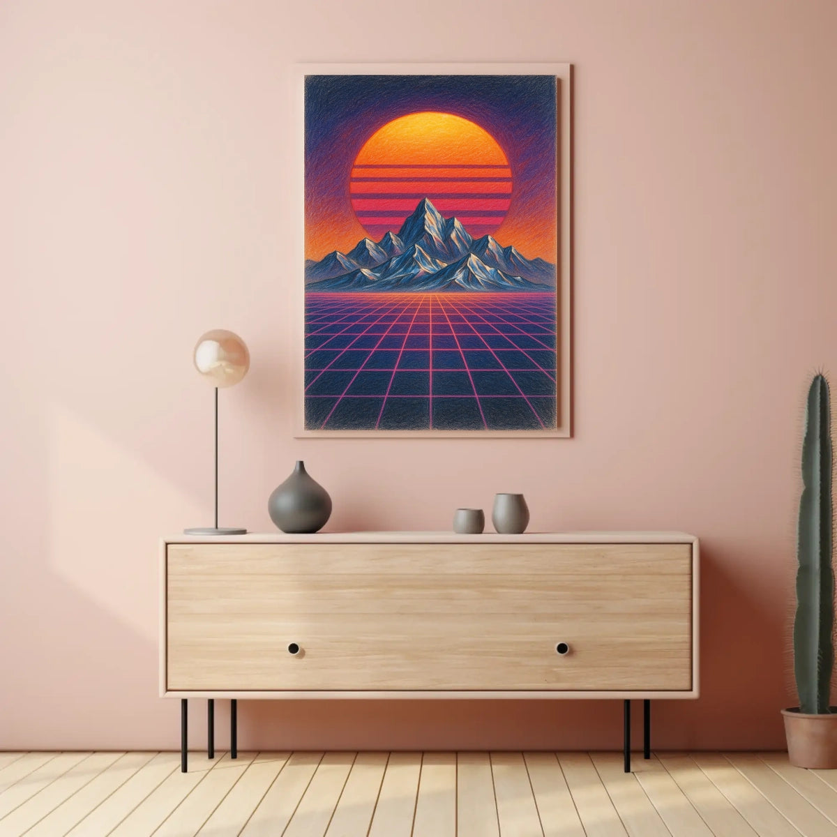 Retro Synthwave Mountain Landscape: Futuristic Sci-Fi Poster