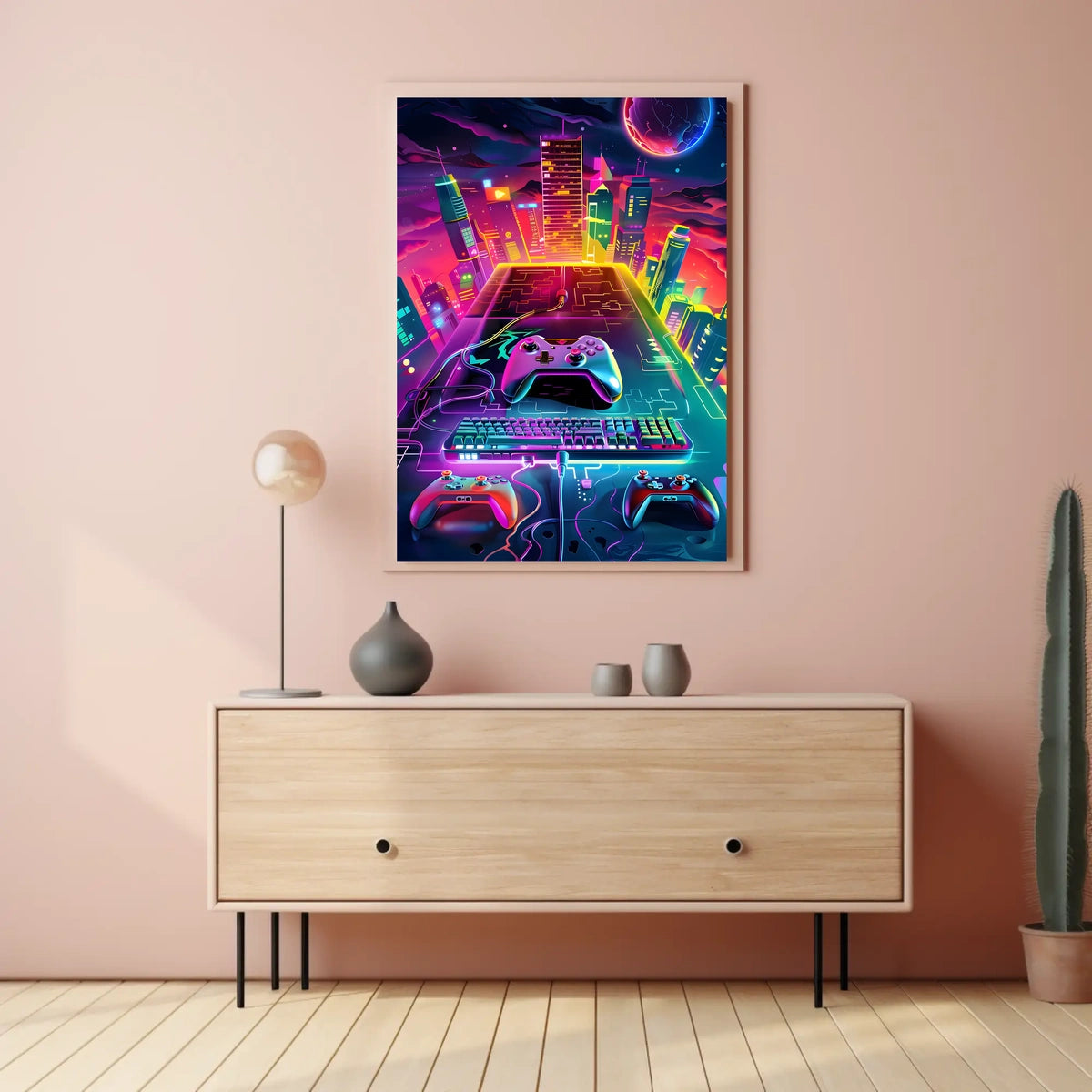 Neon Gaming Cityscape Poster