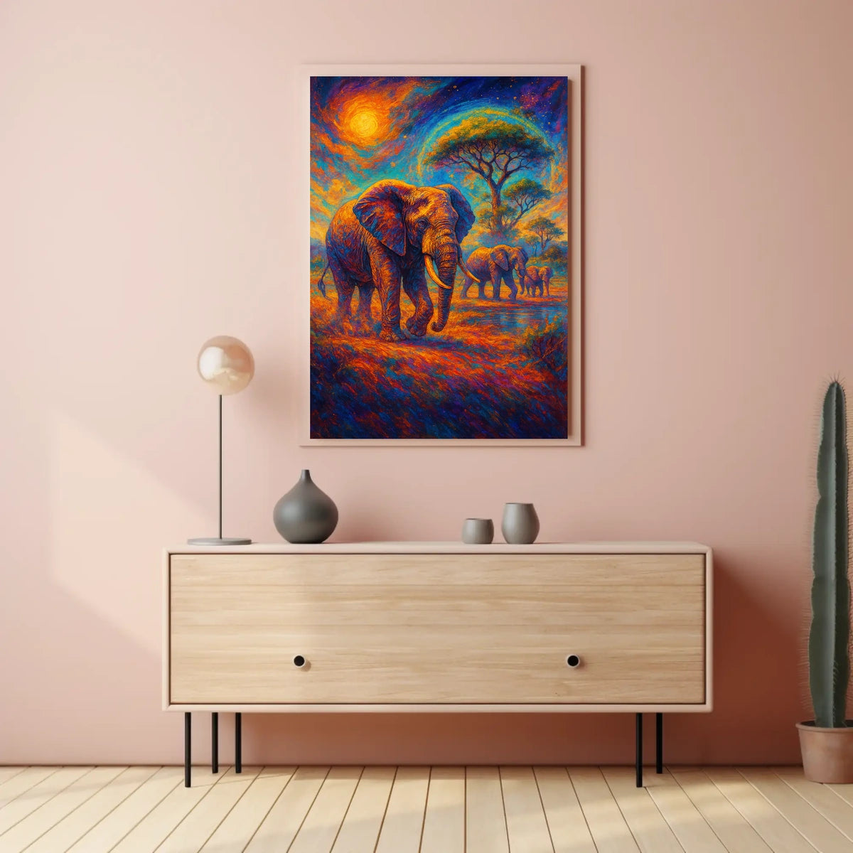 Majestic Elephants Safari Art Poster: Vibrant Landscape