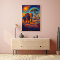 Majestic Elephants Safari Art Poster: Vibrant Landscape