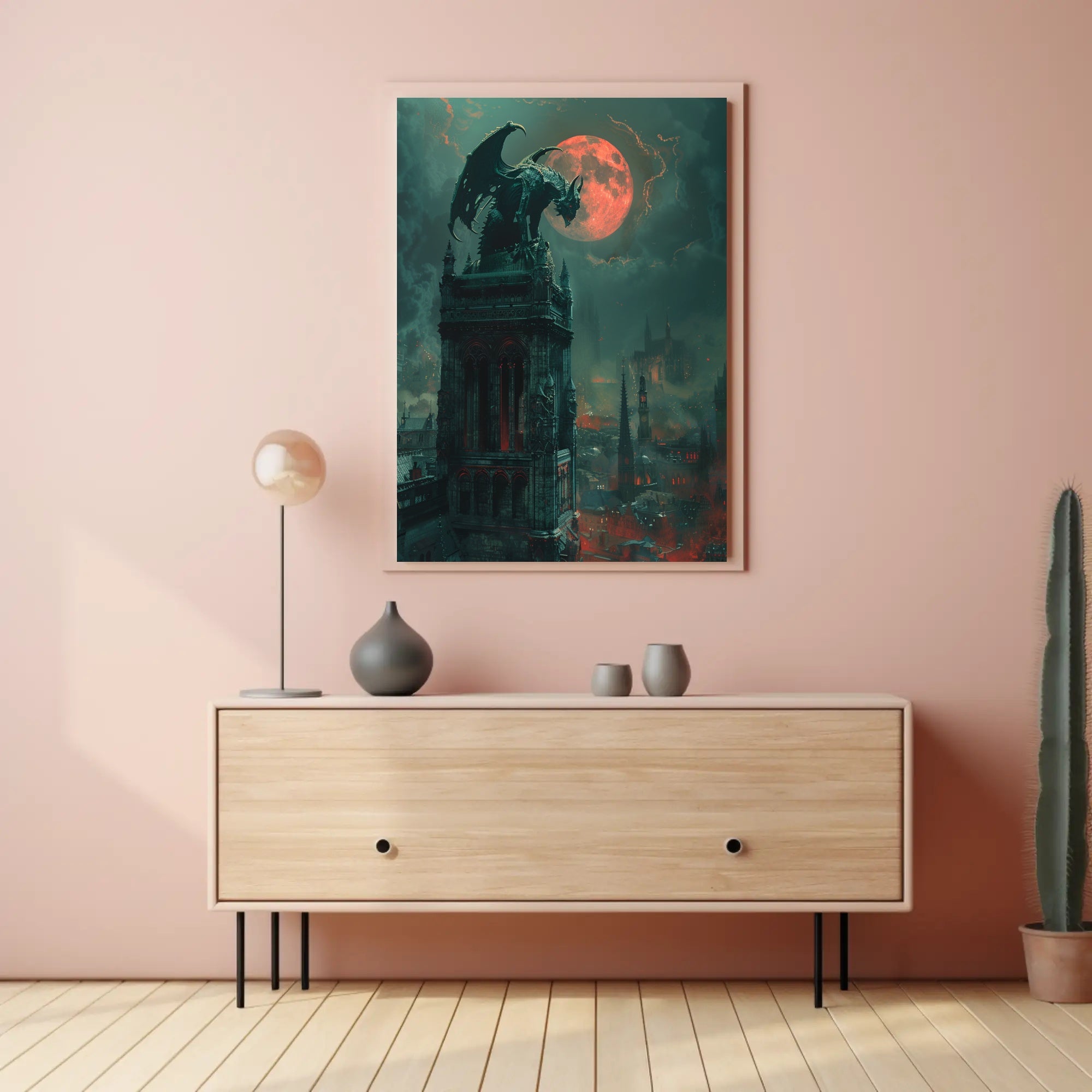 Gothic Fantasy Poster with Ominous Gargoyle and Red Moon PosterGoat