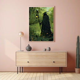 Mysterious Forest Figure with Crow Fantasy or Mythology Poster PosterGoat