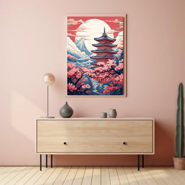 Tranquil Pagoda In Cherry Blossom Poster