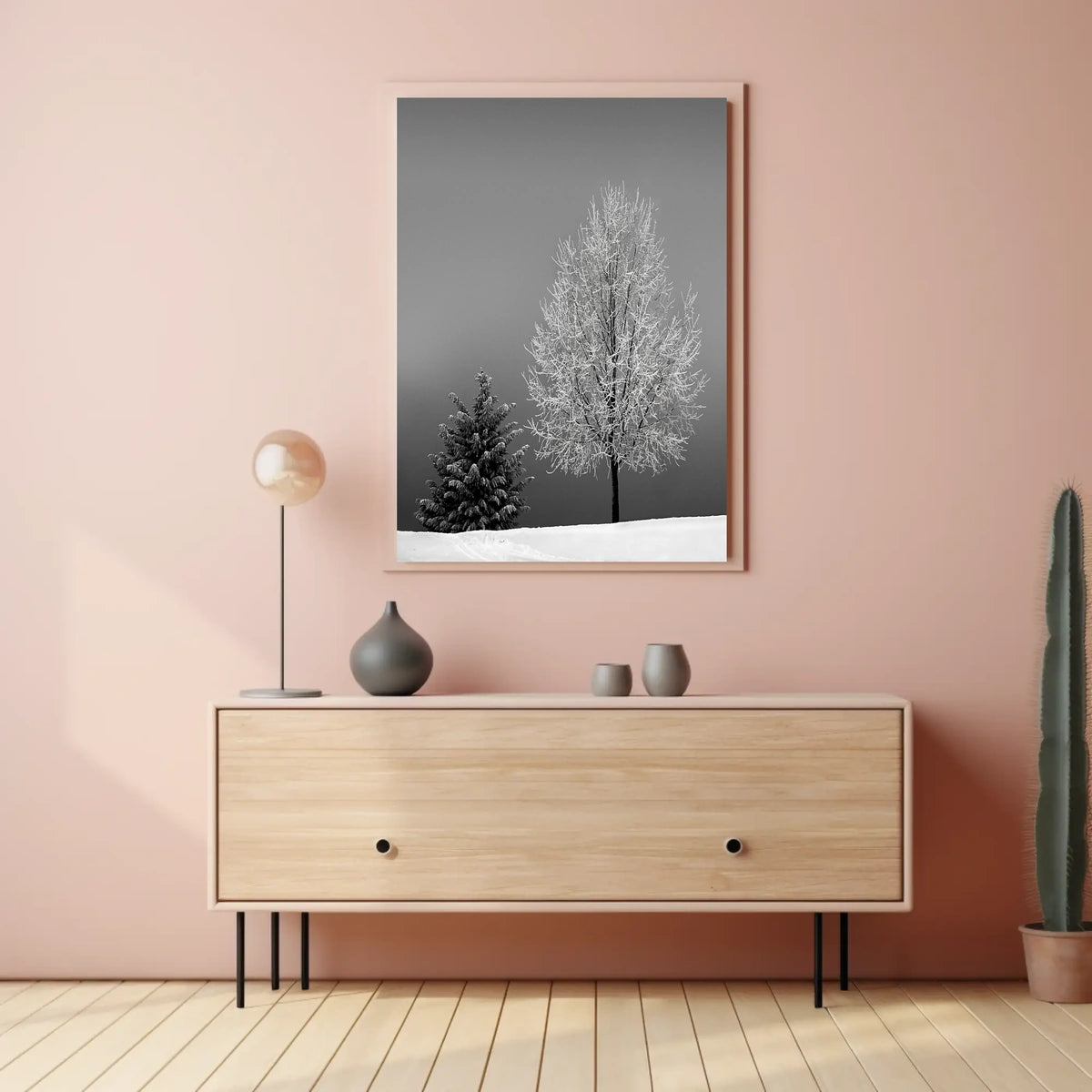 Serene Winter Landscape: Minimalist Black and White Artistic Poster