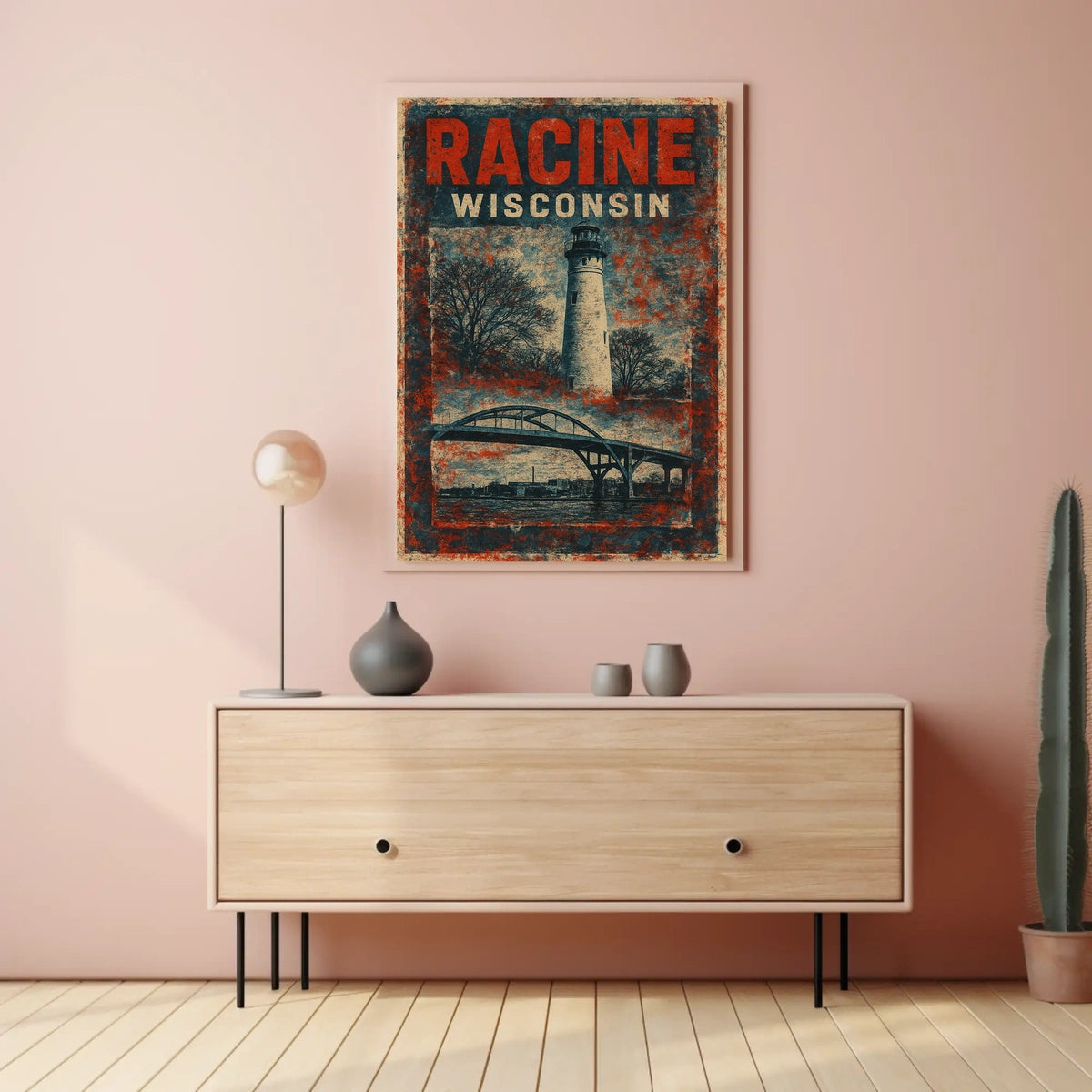 Racine Lighthouse Vintage Travel Mid Century Retro Coastal Scenic Autumn Harbor Light Poster