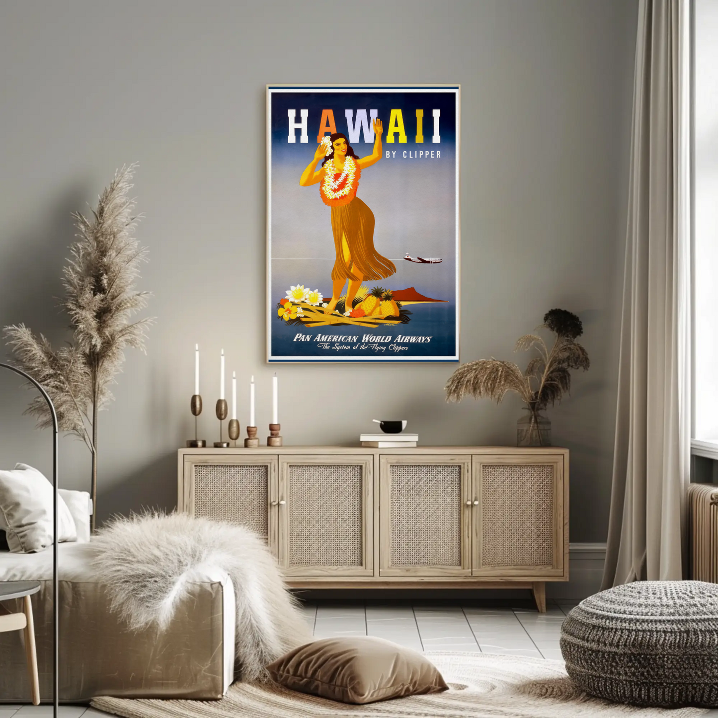 Pan Am Hawaii Hula Dancer Island Sunset Travel Poster