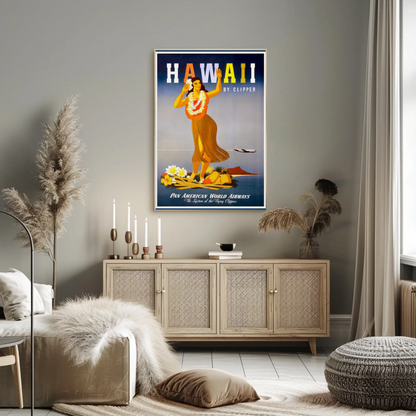 Pan Am Hawaii Hula Dancer Island Sunset Travel Poster