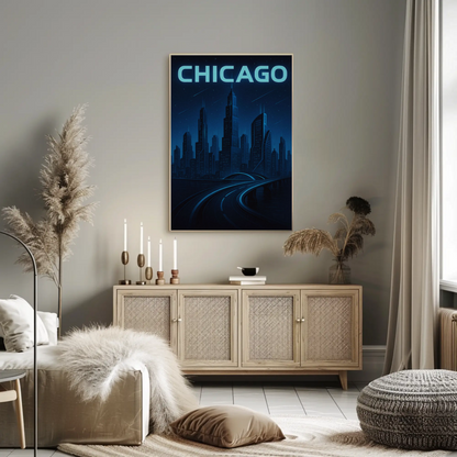 Chicago Futuristic Night Cityscape Blue Lights Travel Poster