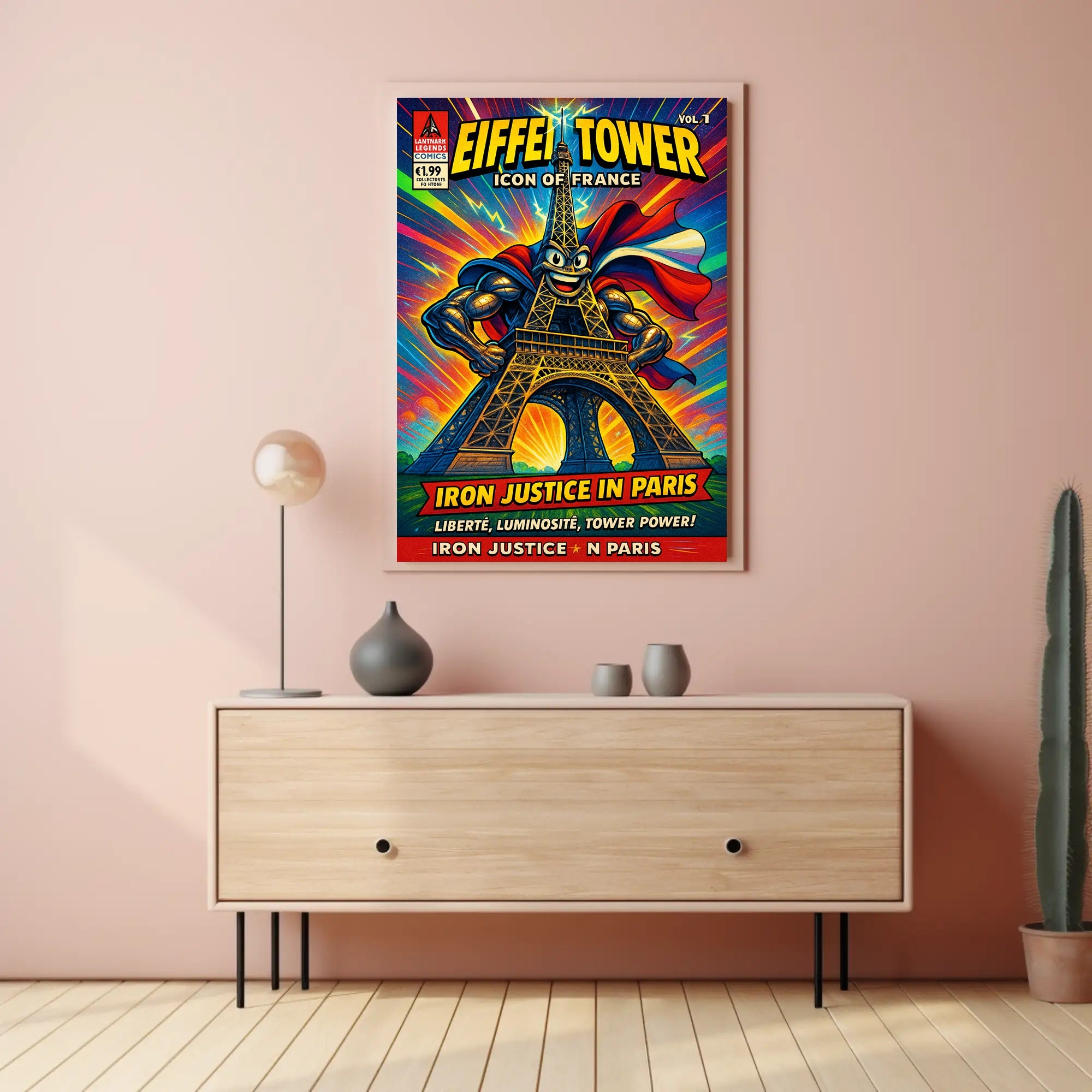 Eiffel Tower Superhero Comic Art Cultural Poster